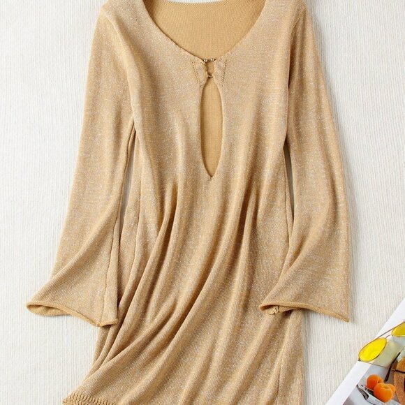 Khaki Women's Sexy Metallic Ring Hollow Deep V-Neck Knit Wrap Knit Mini Dress - Picture 7 of 8